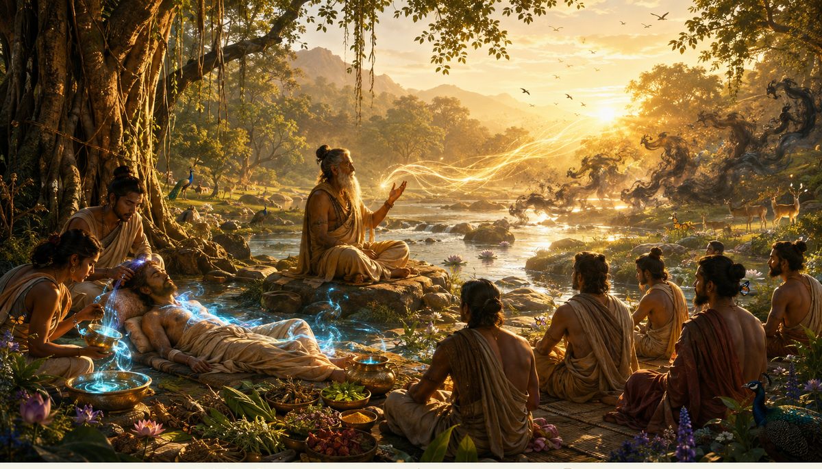 A scholar teaching by a riverside at dawn, surrounded by students
