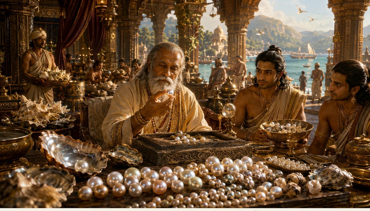 Craftspeople examining pearls and traditional materials by hand