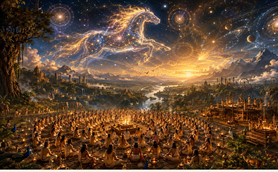 A constellation of stars over an ancient observatory, representing Vedic astronomy
