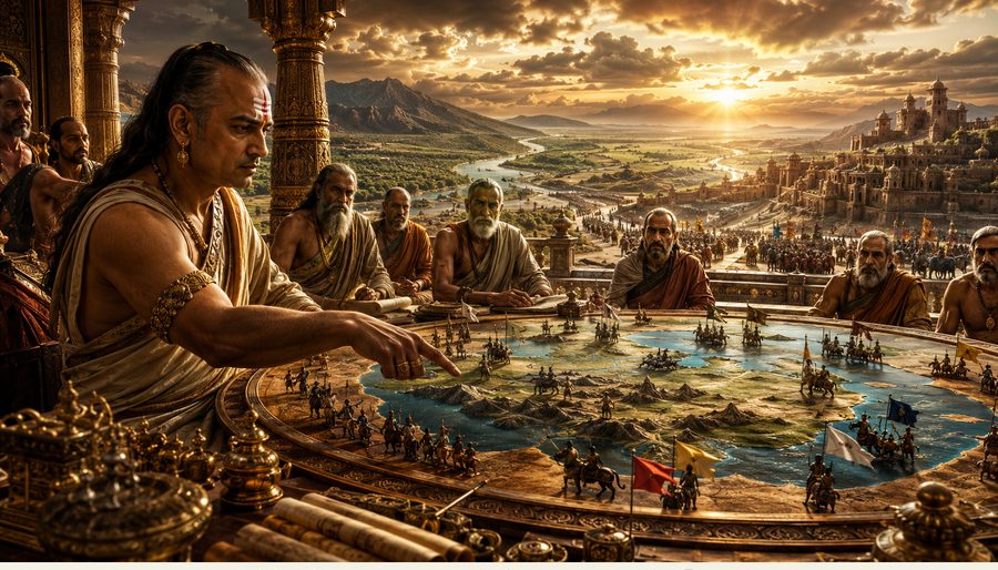 A strategist and his council studying a war-room map, representing VidyaSetu's Arthashastra and statecraft curriculum